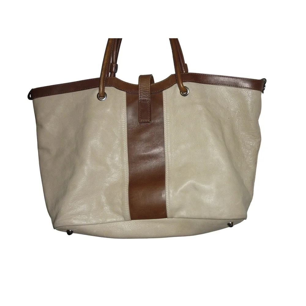 Marco Buggiani Chic‎ Tote Bag Women Beige Brown Leather Top Handle Shoulder Bag
